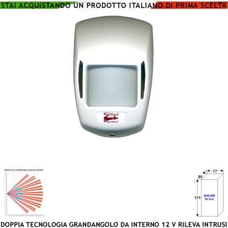 Sensore Movimento Doppia Tecnologia Grandangolo Rileva Intruso Invia Allarme da Interno Portata 15 MT Entro 90 Gradi Alimentazione 12 V Assorbimento 10 mA Infrarosso Lente 18 Fasci Bianco Snodo ABS