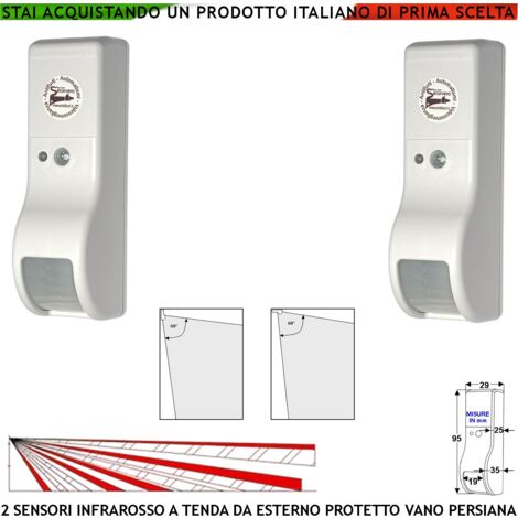 Sensore di Movimento Infrarosso Tenda Esterno 2 Pezzi Vano Persiana Dual Pir Rileva Estranei Invia Allarme Portata 8 MT 60° Vert. 7° Oriz. Alimentazione 12 V Assorbimento 10 mA Cover Bianco ABS IP31 (1/4)
