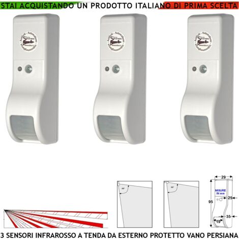 Sensore Intruso Rileva Movimento Dual Pir 3 Infrarossi a Tenda da Esterno Per Porticato Vano Persiana Invia Allarme Portata 8 MT 60° Vertic. 7° Oriz. Alimen. 12 V Assorbim. 10 mA Cover Bianco ABS IP31 (1/4)