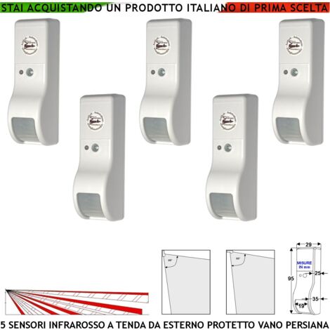 Sensore Intruso Rileva Movimento Dual Pir 5 Infrarossi a Tenda da Esterno Per Porticato Vano Persiana Invia Allarme Portata 8 MT 60° Vertic. 7° Oriz. Alimen. 12 V Assorbim. 10 mA Cover Bianco ABS IP31 (1/4)