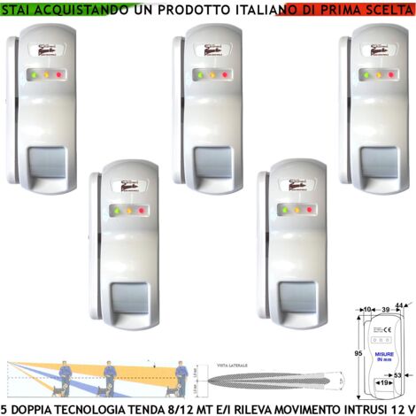 Doppia Tecnologia Tenda Dual Pir e Micronda 5 Pezzi Portata 8/12 MT Sensore Movimento Ladri Ignoti Rampa Scala Esterna Rileva Invia Allarme Aliment. 12 V Assorb. 10 mA Cover Staffa ABS Bianca IP31