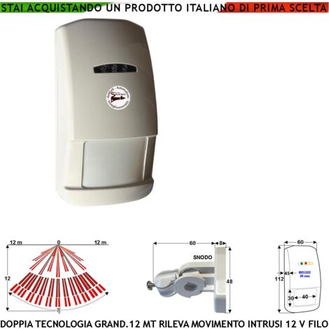 Rilevatore Movimento Doppia Tecnologia Grandangolo Per Antifurto Portata 12 MT da Interno Rileva Intrusi Aliment. 12 V Assorb. 40 mA Infrarosso Lente 25 Fasci su 4 Piani Contenitore Bianco Snodo ABS