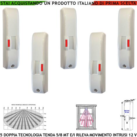 Doppia Tecnologia Tenda Infrarosso e Microonda Cinque Sensori di Movimento Portata 5 Metri Rilevano Intrusi Vano Finestra Ingresso Interno Invia Allarme Alim. 12 V Assorb. 10 mA Cover Bianca ABS IP44