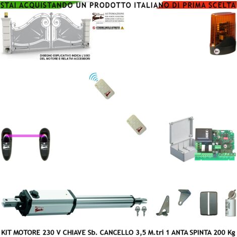 Cancello Automatico da 3,5 Metri 1 Anta Kit Automatismo Motore Elettromeccanico 230 V Spinta 250 Kg Centrale 2 Radiocomandi 1 Coppia Fotocellule Faro Led Stelo Retrattile Sblocco a Chiave Cartello (1/4)