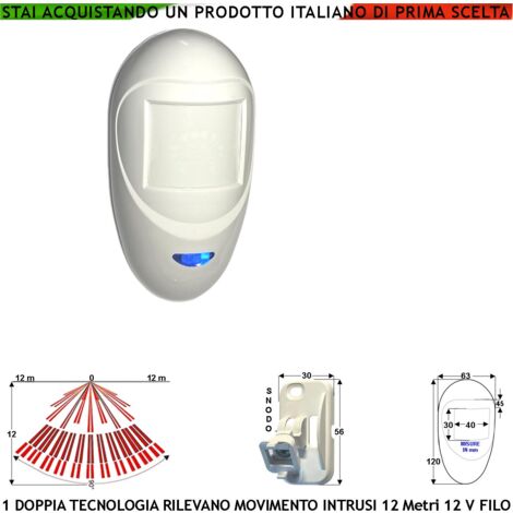 Rileva di Movimento di Ladri Sensore Doppia Tecnologia Grandangolo x Antifurto Portata 12 MT da Interno Alimen. 12 V Assorb. 40 mA Infrarosso Lente 18 Fasci su 4 Piani ERS Contenitore Bianco Snodo ABS