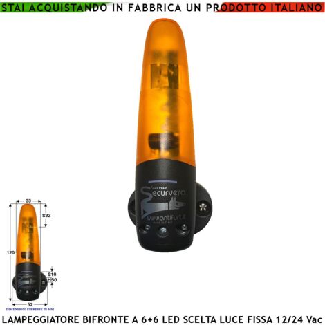 Segnalatore 6+6 Led Luce Fissa o Lampeggiante Arancione Montaggio a Palo o Parete Monitore su Automatismi Avviso Pericolo Macchina in Movimento Aliment. 12/24 V Contenitore Metacrilato Protezione IP44 (1/4)