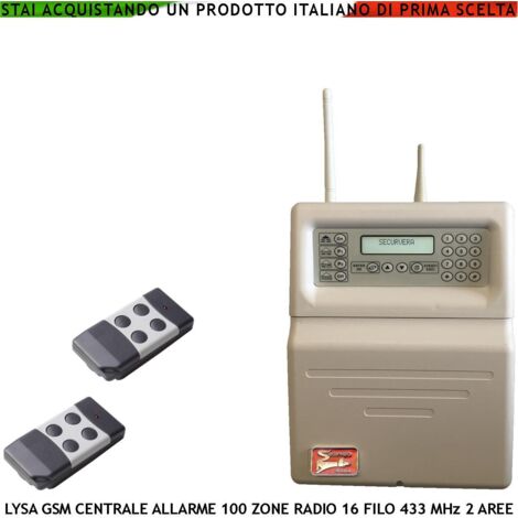 Allarme Radio Filo Lysa GSM Centrale Con 2 Radiocomandi 100 Zone Radio 433,92 MHz Batteria 12 V 7 Ah 16 Zone Filo 3 Aree Memoria Eventi Sydra App Android Codici Utente e Tecnico GSM Ascolto Ambientale