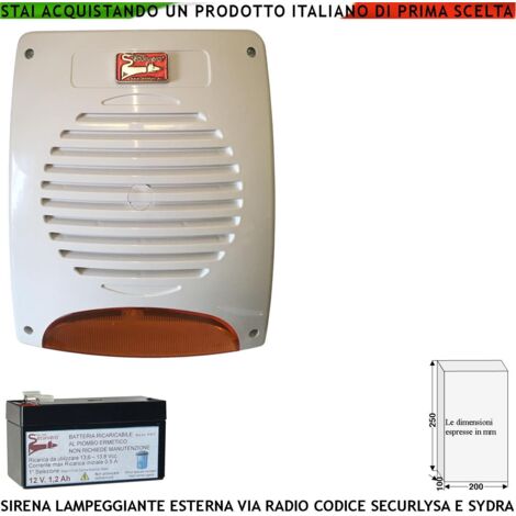 Sirena Wireless Frequenza 433 MHz Bidirezionale Lampeggiante Led Esterna Batteria 12V 1,2 Ah Anti Jamming Codici Antifurto SecurLisa Tromba 120 dB Segnala Stato Allarme x Manomissione 3,5 Minuti IP34 (1/4)