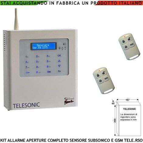 Allarme Sistema Telesonic Kit Completo Sensore SubSonico GSM Telesoccorso Apricancello App Andoid 2 Radiocomandi Predisposto Ascolto Ambientale 4 Zone Filo Memorizza 32 Periferiche Batteria 12 V 1,2Ah (1/2)