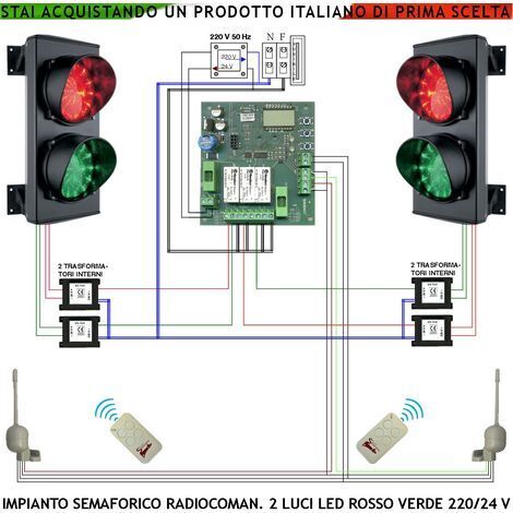 Semaforo Kit per Garage 24 Led Rossi 24 Led Verdi Lente Ø 124 mm Orientabili 180° Aliment. 24 Vac 3 W IP65 Tempi Regolabili da 8 a 120" Funzioni a Comando Manuale 2 Radiocomandi Controllo Parcheggio