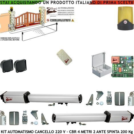 Automatismo Cancello 4 Metri 2 Ante da 2 MT Kit 2 Motori Elettromeccanici 230 V Corsa 300 mm Spinta 2 Q.li Sblocco Staffe 3 Radiocomandi 2 Coppie Fotocellule Selettore 2 Chiavi Faro Movimenti Cartello