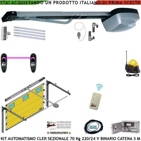 Kit Automatismo x Porta Sezionale 70 Kg da Soffitto 220/24 V Radiocomando Fotocellule Faro Antenna Binario Alluminio 3 Metri Catena 5,5 MT Sistema Autoreverse Blindino Cordino Sblocco Luce di Cortesia (1/4)