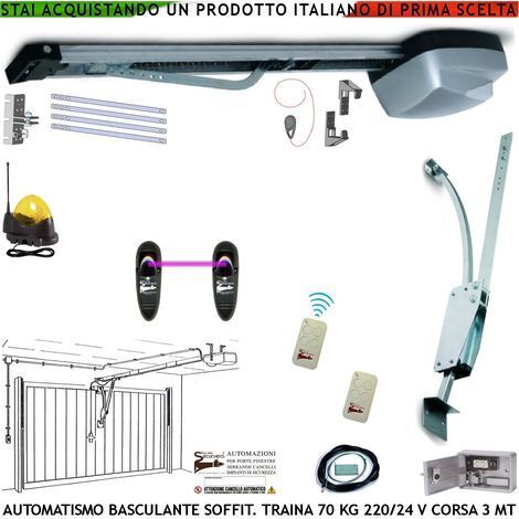 Basculante 70 Kg Kit Automatismo Motore 220/24 V da Soffitto Faro Antenna Selettore Binario Alluminio Catena Acciaio 3 Mt Cordino x Sblocco Pattino 2 Radiocomandi Archetto Oscillante Luce di Cortesia (1/5)