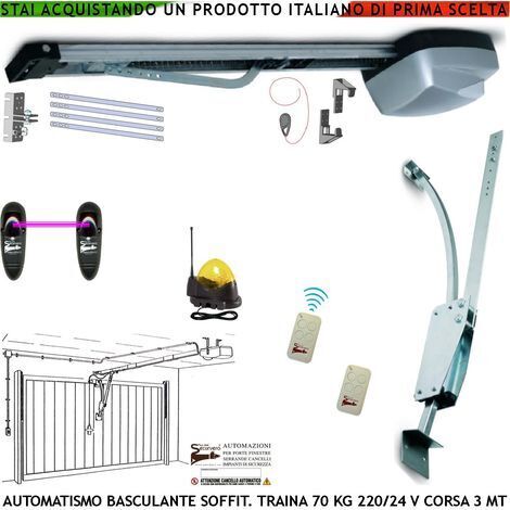 Cler Basculante 70 Kg Kit Automatismo Motore 220/24 V da Soffitto Faro Antenna Binario Alluminio Catena Acciaio 3 Metri Cordino Per Sblocco Pattino 2 Radiocomandi Archetto Oscillante Luce di Cortesia