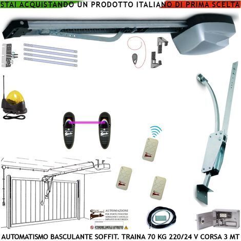 Kit Automatismo Per Basculante 70 Kg Motore 220/24 V da Soffitto Faro Antenna Binario Alluminio Catena Acciaio 3 Metri Cordino Per Sblocco Pattino 3 Radiocomandi Archetto Oscillante Luce di Cortesia