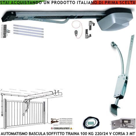 BASCULANTE AUTOMATISMO A SOFFITTO MOTORE AUTOREVERSE 220/24 V TRAINA 100 KG ARCHETTO KIT BLINDINO SBLOCCO DI EMERGENZA