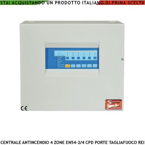 CENTRALE ANTINCENDIO 4 ZONE GESTISCE 128 SENSORI COMANDA ELETTROMAGNETI PER PORTE R.E.I ALLARME TELEFONICO SIRENE SPEGNIMENTO