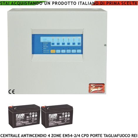 CENTRALE ANTINCENDIO 4 ZONE 2 BATTERIE 12 V 7,2 AH GESTISCE 128 SENSORI ELETTROMAGNETI PORTE R.E.I ALLARME TELEFONICO SIRENE SPEGNIMENTO