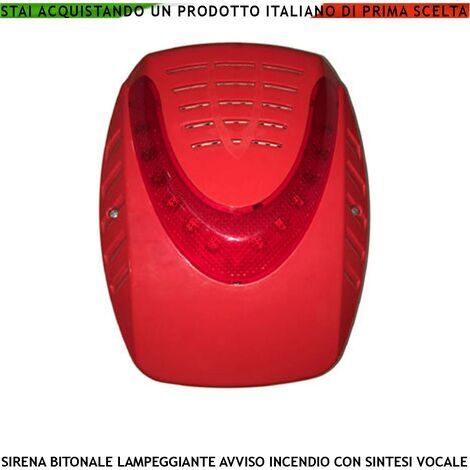SIRENA ELETTRONICA LAMPEGGIANTE ROSSA ESTERNA SEGNALA ALLARME INCENDIO ALIMENTATA 24 VCC SOTTOCOPERCHIO ANTISCHIUMA