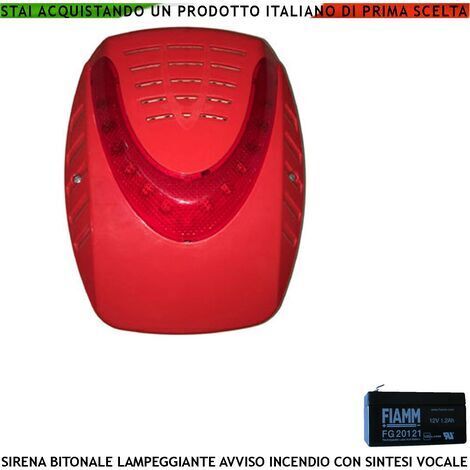 SIRENA ELETTRONICA LAMPEGGIANTE ROSSA ESTERNA SEGNALA ALLARME INCENDIO BATTERIA 12 V 1,2 AH ALIMENTATA 24 VCC SOTTOCOPERCHIO ANTISCHIUMA