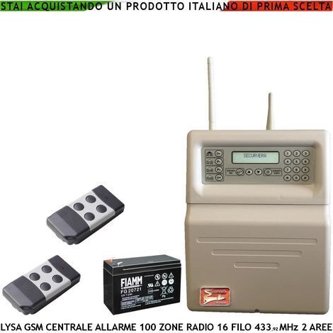 Centrale Allarme Radio Filo Lysa GSM Sydra 2 Radiocomandi 100 Zone Radio 433,92 MHz Batteria 12 V 7 Ah 16 Zone Filo 3 Aree Memoria Eventi App Android Codici Utente e Tecnico GSM Ascolto Ambientale
