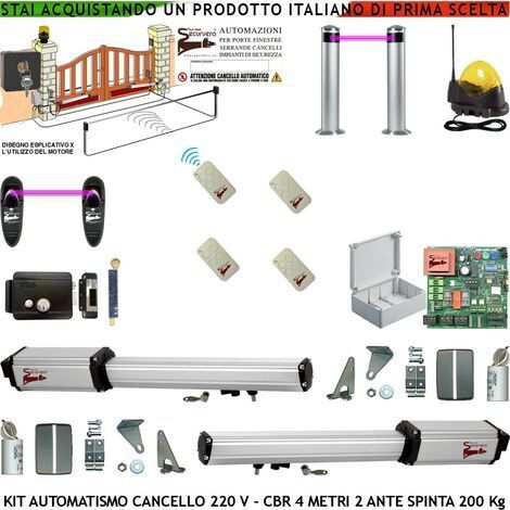 Cancello Elettrico 4 Metri 2 Ante da 2 MT Kit Motori Elettromeccanici 230 V Corsa 300 mm Spinta 2 Q.li Sblocco Gruppo Staffe 6 Radiocomandi 2 Coppie Fotocellule Selettore 2 Ck.i Faro Cartello Monitore