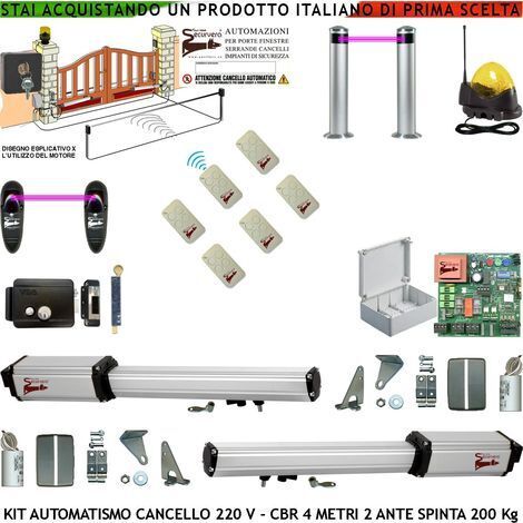 Apricancello Elettrico 4 Metri 2 Ante da 2 MT Kit Motori Elettromeccanici 230 V Corsa 300 mm Spinta 2 Q.li Sblocco Set Staffe 6 Radiocomandi 2 Coppie Fotocellule Selettore 2 Ck Faro Cartello Monitore
