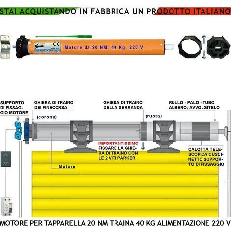 Tapparella Elettrica Motore 230 V 140 W Potenza di Traino 20 Nm Circa 40 KG Blocco Sollevamento Telo Fine Corsa Regolabili Accessori Meccanici x Tubo Ottagonale Diametro 60 mm Protezione Termica 135° (1/5)