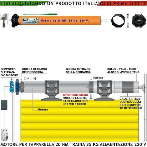 Kit Motore 230 V 140 W Per Tapparella 40 KG Potenza di Traino 20 Nm Sistema Blocco Sollevamento Telo Fine Corsa Regolabili Accessori Meccanici x Tubo Ottagonale Diametro 60 mm Protezione Termica 135°