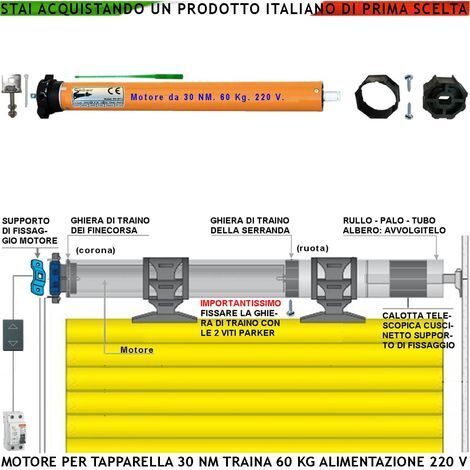 Motore Tubulare 230 V 170 W Potenza di Traino 30 Nm Tapparella Circa 60 KG Anti Sollevamento Telo Fine Corsa Regolabili Accessori Meccanici Per Tubo Ottagonale Diametro 60 mm Protezione Termica 135° (1/5)