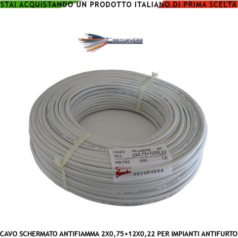 Cavo Schermato Flessibile Antifiamma 2X0,75+12X0,22 mm² Guaina PVC Bianco Prot. Alluminio/Poliestere Drenaggio Conduttore Fili 7 Ø 0,19 mm Twistato Per Impianti di Allarme Antifurto Norma CEI20/22-III