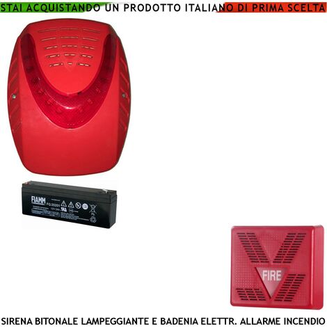 SIRENA ELETTRONICA LAMPEGGIANTE LED ROSSA ESTERNA ALLARME INCENDIO  ALIMENTATA 24 VCC 2 BATTERIE 12 V 1,2 AH SOTTOCOPERCHIO ANTISCHIUMA