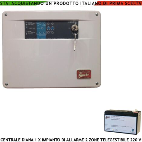 Diana 2 Zone Centrale Allarme Batteria 12 V 7 Ah per Impianto Antifurto Filo 2 Chiavi Meccaniche Gestisce Rilevatori Ingresso Per Comando Remoto o Telegestione Uscita Sirene Combinatore Fumogeni