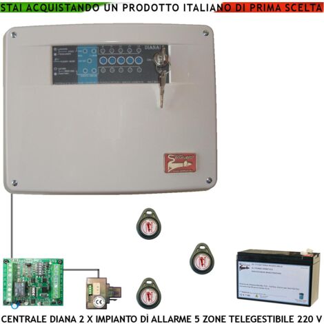 Diana 5 Zone Centrale Allarme Batteria 12 V 7,2 Ah per Impianto Antifurto Filo Chiave di Prossimità 3 TAG Gestisce Sensori di Movimento e di Scasso Ingresso Comando Remoto o Telegestione Uscita di Com