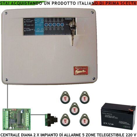 Centrale Antifurto Diana 5 Zone Batteria 12 V 7 Ah 5 Chiavi TAG 2 Meccaniche Impianto Filo. Gestisce Sensori Ingresso Con Comando Remoto di Telegestione Uscita Sirene Combinatore Videocamera Fumogeno