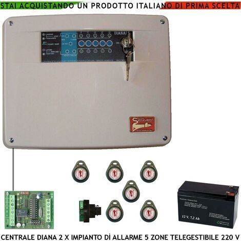 Diana Centrale 5 Zone Allarme 6 Chiavi TAG 2 Meccaniche Batteria 12 V 7 Ah per Impianto Antifurto Filare. Gestisce Sensori Con Comando Remoto Per Telegestione Uscita Sirene Combinatore SOS Telecamere