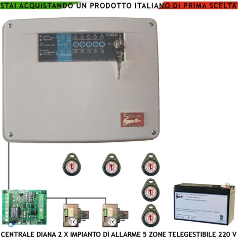 Centrale Antifurto Diana 5 Zone 5 Chiavi TAG 2 Lettori e 2 Meccaniche Batteria 12 V 7 Ah Per Impianto Via Filo. Gestisce Sensori Allarme Ingresso Per Telegestione Comando Sirene Combinatore e Fumogeni