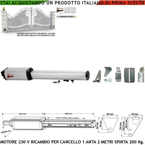 Cancello Automatico Anta 2 Metri Motoriduttore Elettromeccanico 220 V Corsa 300 mm Sblocco a Chiave Ricambio Originale Securvera Finecorsa Meccanici Kit Staffe Bulloni Condensatore 16 µF 400V Misure 8
