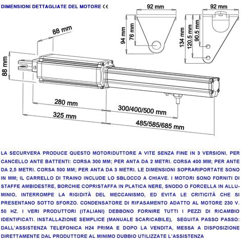 Motoriduttori Elettromeccanici 220 V Corsa 300 MM Spinta 2 Q.li Ricambio Cancello Automatico 4 MT 2 Ante da 2 Metri 2 Condensatori 16 µF Kit Staffe Chiave Sblocco sul Carrello Compatibili Elettronica