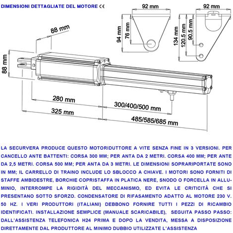 Cancello Automatico 2 Ante da 3 Metri 2 Motoriduttori di Ricambio 220 V Corsa 500 MM Spinta 2 Q.li 2 Condensatori 16 µF Kit Staffe Chiave Sblocco sul Carrello Compatibili a Qualsiasi Elettronica BTF C
