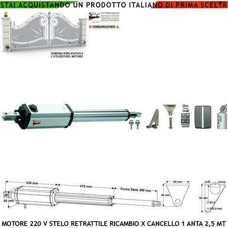Motore Elettromeccanico 230 V Cancello Elettrico Stelo Retrattile Corsa 400 mm Anta Battente 2,5 Metri Spinta 250 Kg Sblocco a Chiave Ricambio Universale Securvera Completo di Staffe Bulloni (1/4)