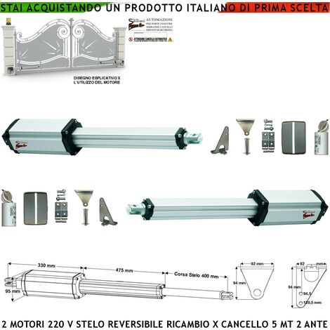 Attuatori Elettromeccanici Stelo Retrattile Reversibili Corsa 400 mm 230 V Per Cancello Battente 2 Ante da 2,5 Metri Spinta 250 Kg Ricambio Universale Automazione Securvera Con Staffe e Bulloni
