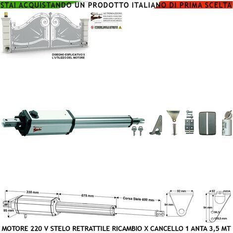 Motore Elettromeccanico Stelo Retrattile Corsa 600 mm 20 V Per Cancello Battente Anta 3,5 Metri Spinta 250 Kg Sblocco a Chiave Ricambio Universale Automazione Securvera Con Staffe e Bulloni (1/4)