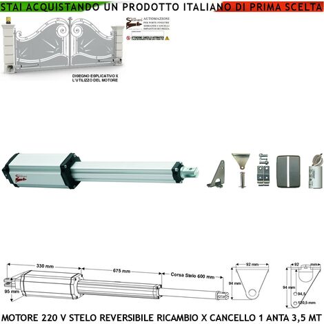 Motoriduttore Elettromeccanico per Cancello Anta Battente da 3,5 Metri Stelo Retrattile Reversibile Corsa 600 mm 230 V Spinta 250 Kg Ricambio Universale Securvera Completo di Staffe e Bulloni (1/4)