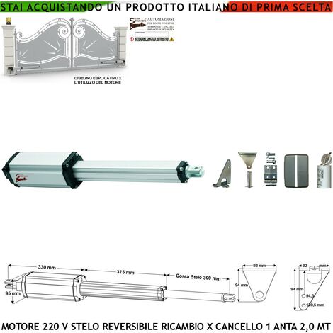 Motore Elettromeccanico Per Cancello Battente Anta da 2 Metri Stelo Retrattile Reversibile Corsa 300 mm 230 V Spinta 250 Kg Ricambio Universale Automazione Securvera Completi di Staffe e Bulloni (1/4)