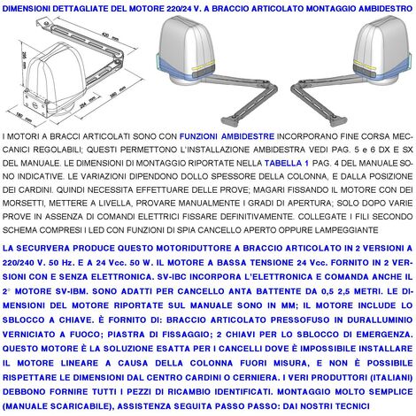 AUTOMATISMO CANCELLO KIT MOTORE A BRACCIO ARTICOLATO 220/24 V ANTA BATTENTE DA 0,5 A 2,5 MT CENTRALE 2 RADIOCOMANDI FARO 2 FOTOCELLULE