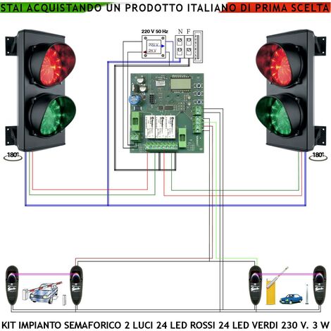 Kit Impianto Semaforico 2 Luci Semaforo Schede 24 Led Rossi e 24 Verdi IP65 Centrale Funzioni Gestite da 2 Fotocellule Tempi Regolabili da 8 a 120" Traffico Condominio Lavaggio Alimentazione 230 V 3W