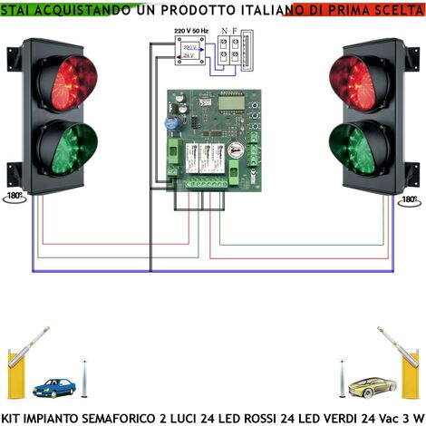 Kit 2 Semafori Orientabili IP65 2 Luci 24 Led Rossi e 24 Led Verdi Alimentazione 24 Vac 3W Centrale CE Funzioni Cicliche Tempo Regolabile da 8 a 120" Omologato Parcheggio Garage Transito Condominio