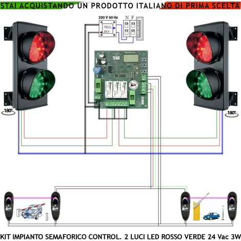 Semaforo Parcheggio Garage Orientabile 180° Kit 2 Semafori 24 Led Rossi 24 Led Verdi IP65 Alimentazione 24 Vac 3W CE Funzioni Gestite da Fotocellule Tempi Regolabili da 8 a 120" Traffico Condominio