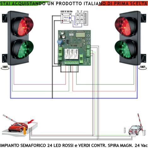 Kit Semaforo Orientabile Rampa Garage 24 Led Rossi e 24 Verdi Lente Ø 124 mm Alim. 24 Vac 3 W IP65 Tempi Regolabili da 8 a 120" 2 Sensori Masse Metalliche Interrate Rilevano Passaggio e Sosta Veicoli